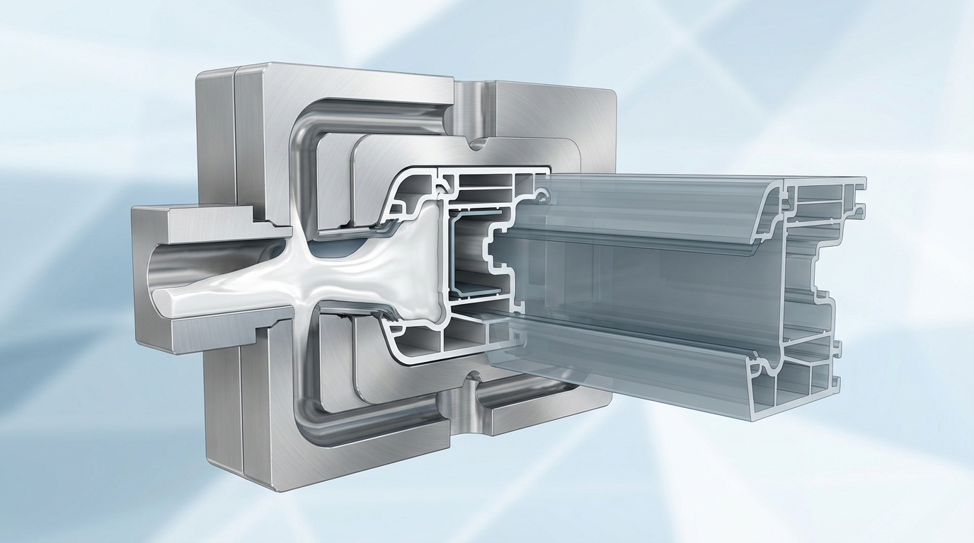 Plastic profile extrusion die cross-section diagram showing window frame profile shape