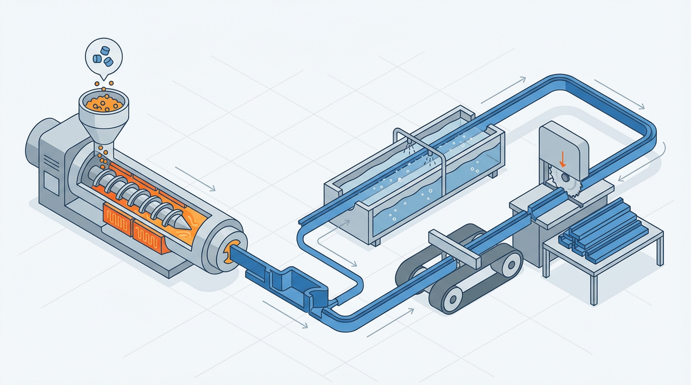 Plastic profile extrusion process flow diagram showing feeding melting die shaping cooling cutting steps