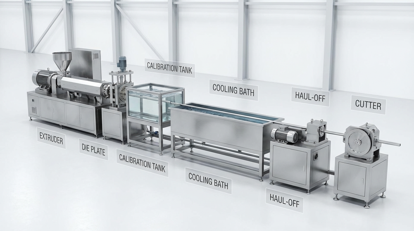 Complete plastic profile extrusion line components labeled extruder die calibration tank haul-off cutter
