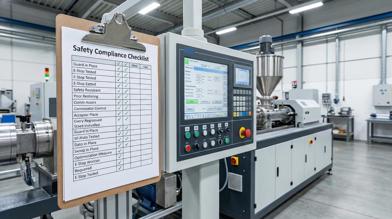 Plastic extruder machine safety compliance checklist on factory floor near control panel