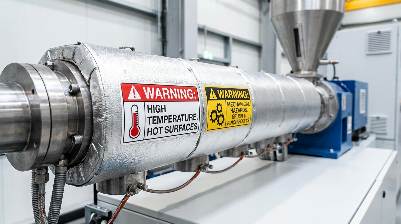 High temperature and mechanical hazard warning signs on plastic extruder machine barrel with safety guards