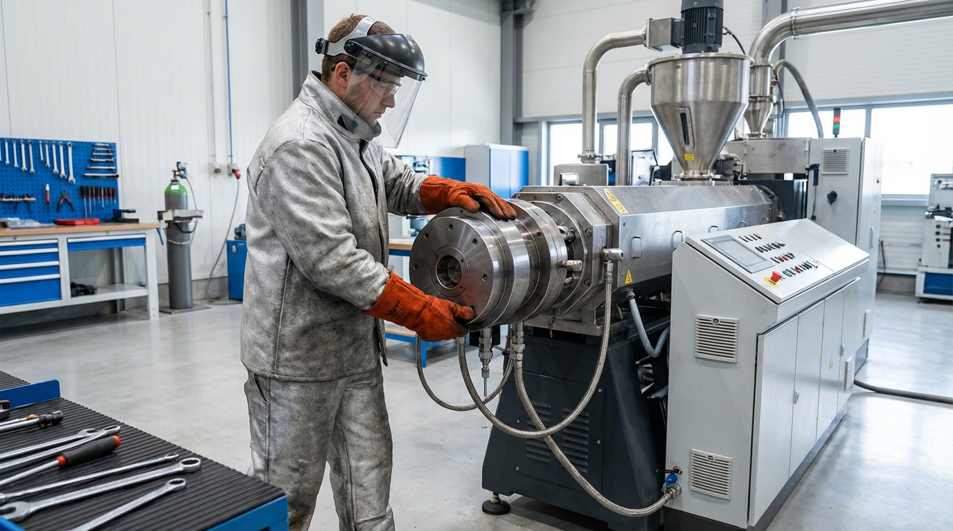 Operator in thermal PPE performing safe die change procedure on plastic extruder machine with heat-resistant gloves and face shield