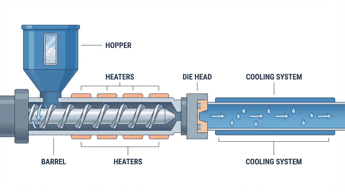 Diagram of PVC plastic extruder machine cross-section showing hopper barrel screw heaters die head and cooling system