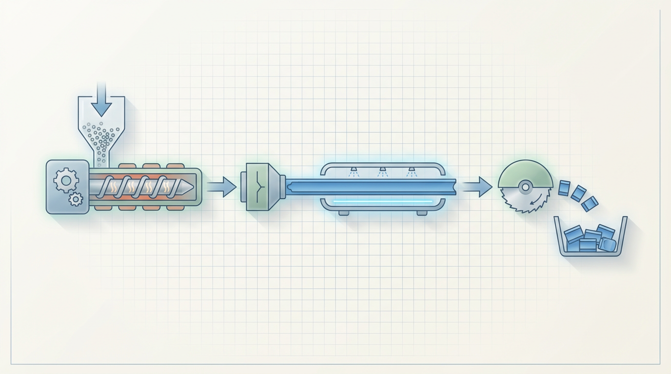PVC extrusion process flow diagram showing feeding melting mixing die shaping cooling and cutting stages