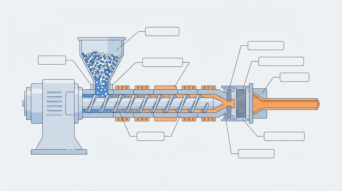 Labeled cross-section diagram of plastic extruder machine showing hopper barrel screw breaker plate and die