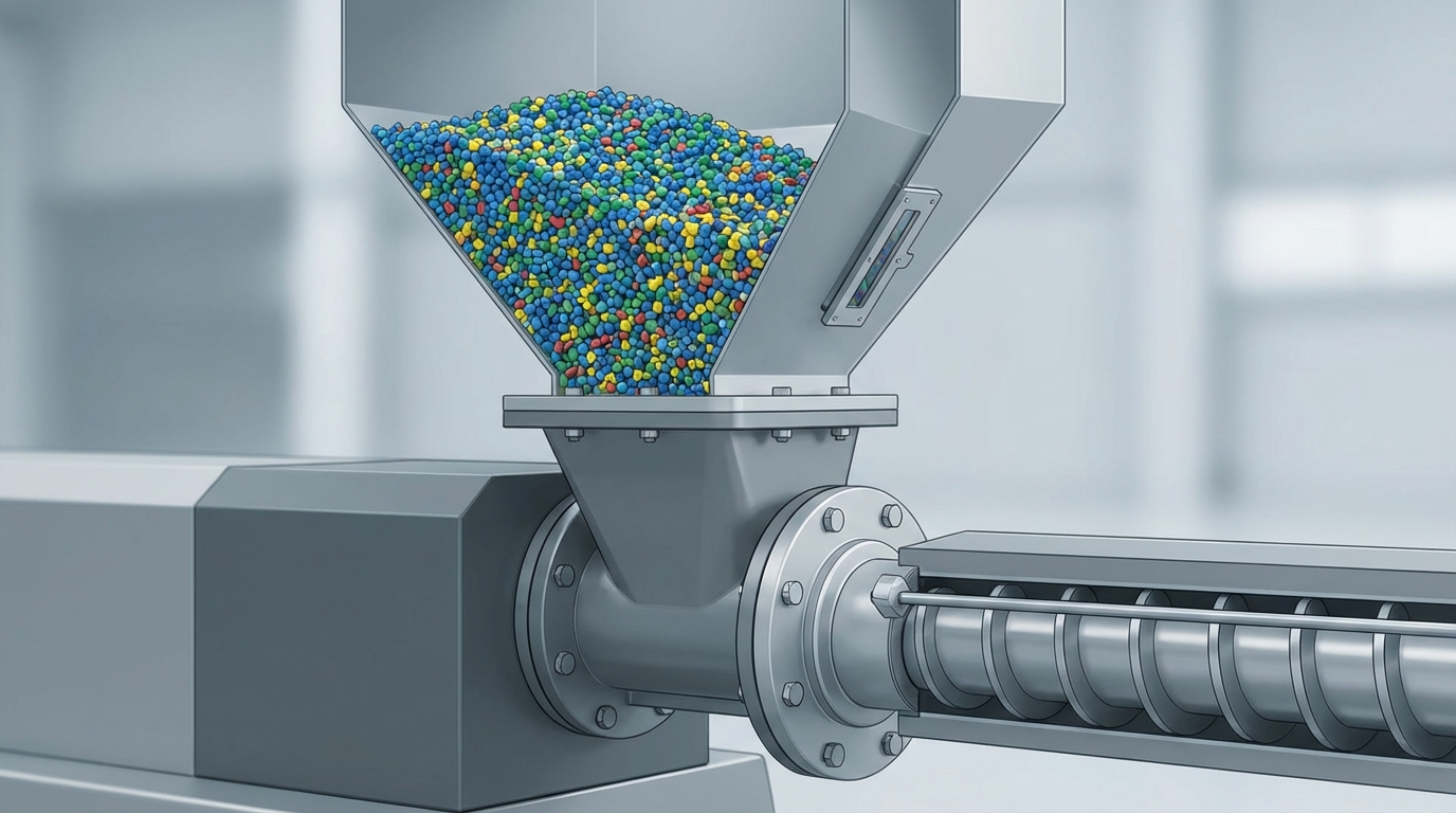 Plastic extruder hopper with recycled pellets feeding into barrel throat