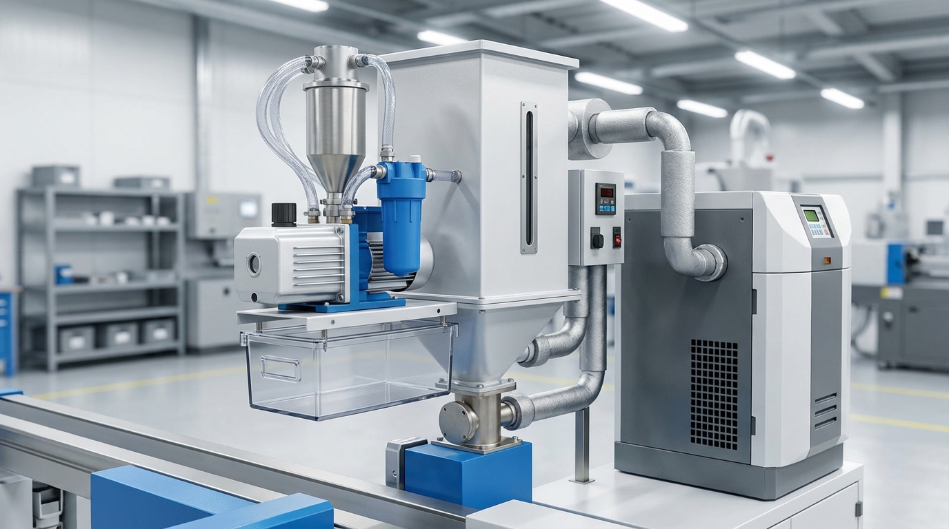 Extruder hopper accessories magnetic trap vacuum loader and desiccant drying system