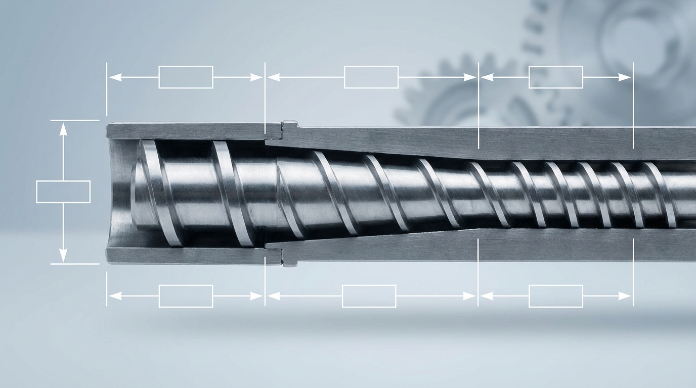 Extruder screw three zones feed compression and metering with labeled flight depth and pitch