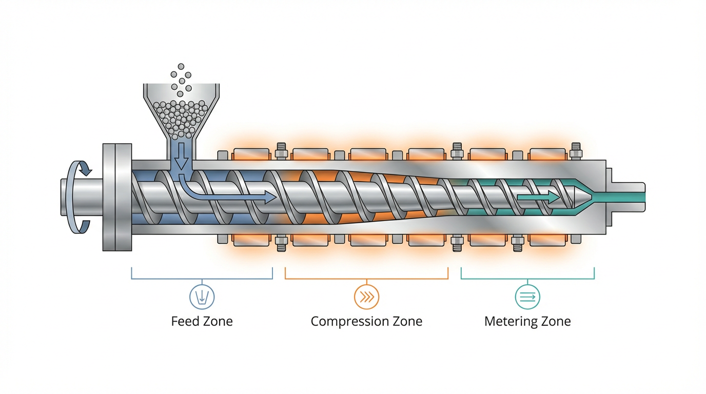 Cross-section diagram of single-screw plastic extruder showing feed zone, compression zone, metering zone, barrel heaters, and screw flight geometry