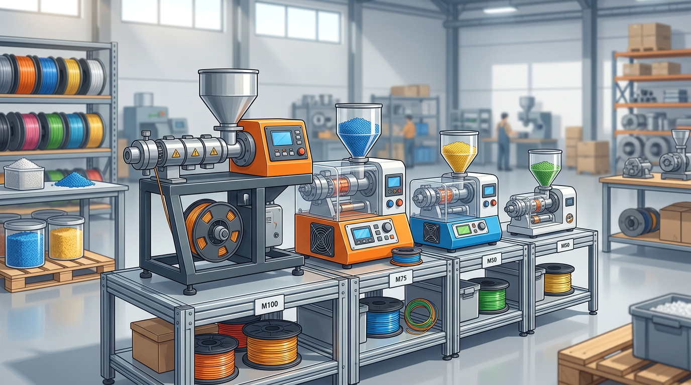 Various plastic extruder machines for small business displayed in a supplier warehouse showroom