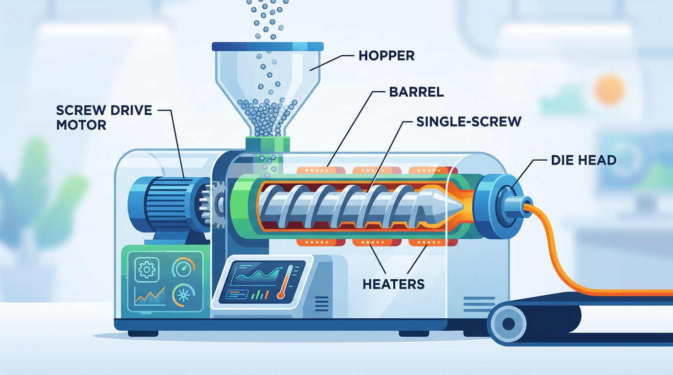 Small single-screw plastic extruder machine showing hopper barrel screw and die head for small business use