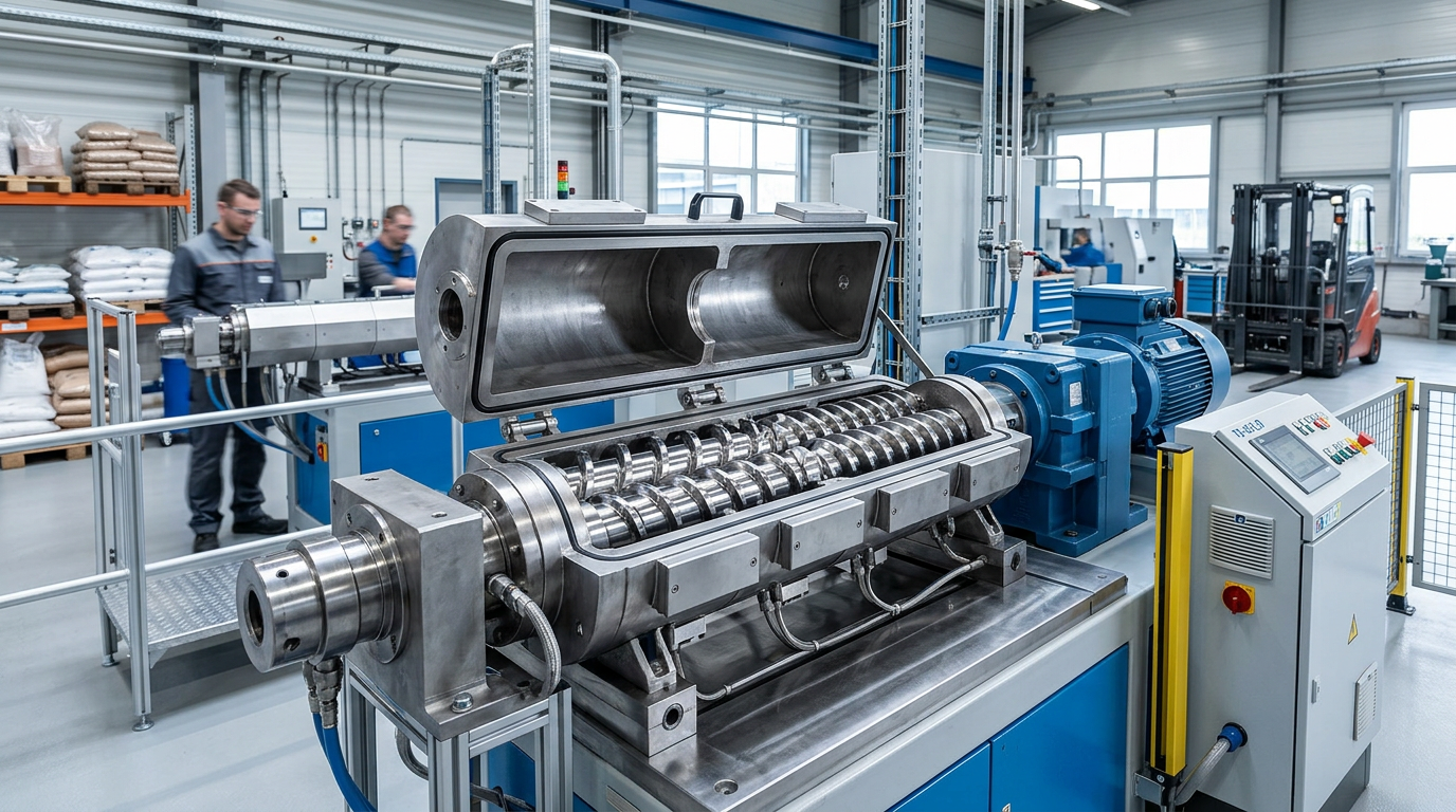 Twin-screw plastic extruder machine with visible intermeshing screws for compounding and recycling in small business