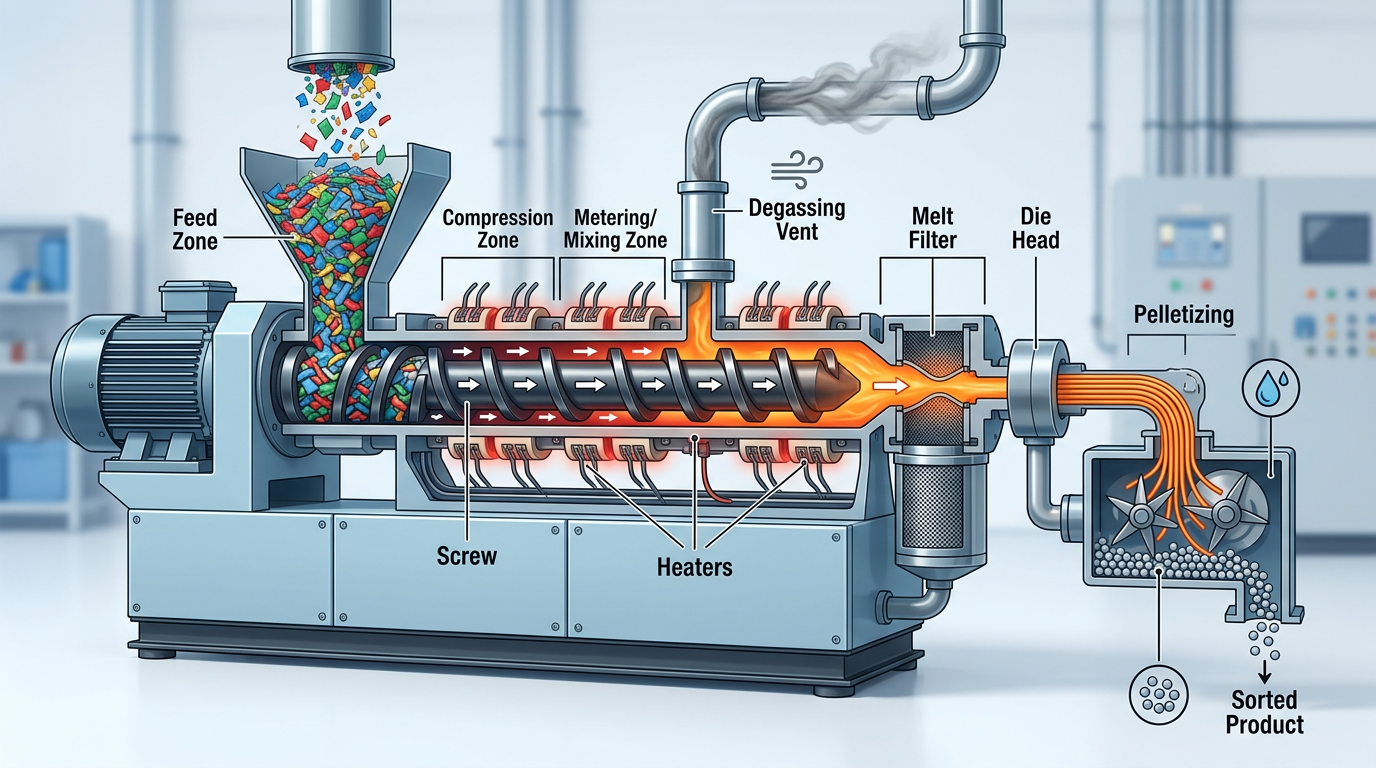 Technical cross-section diagram of waste plastic extruder machine showing internal components and extrusion process flow