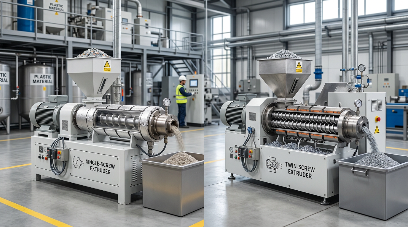 Comparison of single-screw and twin-screw waste plastic extruder machines in recycling factory