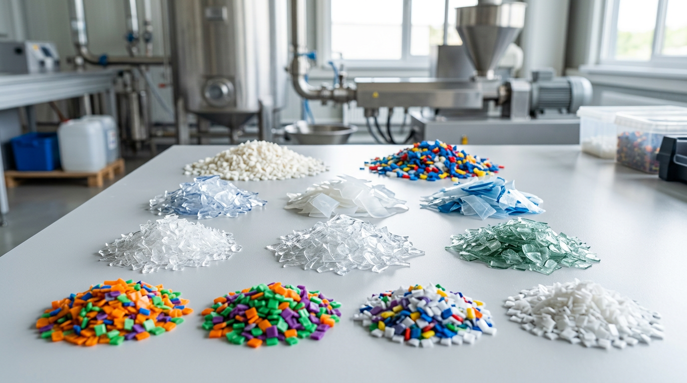 Sorted plastic waste flakes of different polymer types ready for processing in waste plastic extruder machine