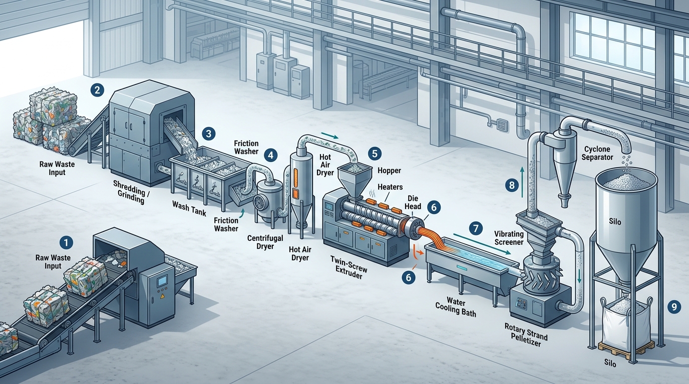 Flow diagram of complete plastic recycling extrusion line stages from waste to pellets