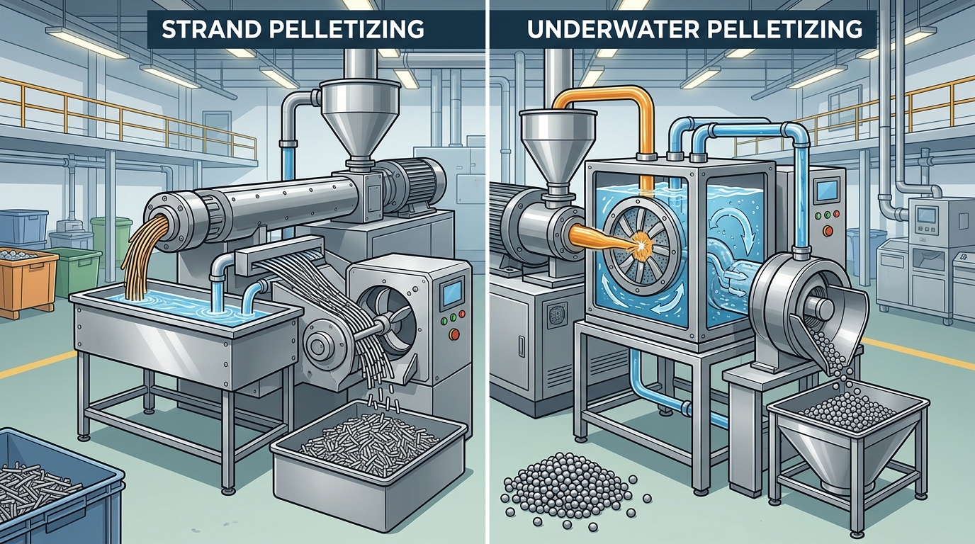 Strand pelletizer vs underwater pelletizer comparison in plastic recycling extrusion line
