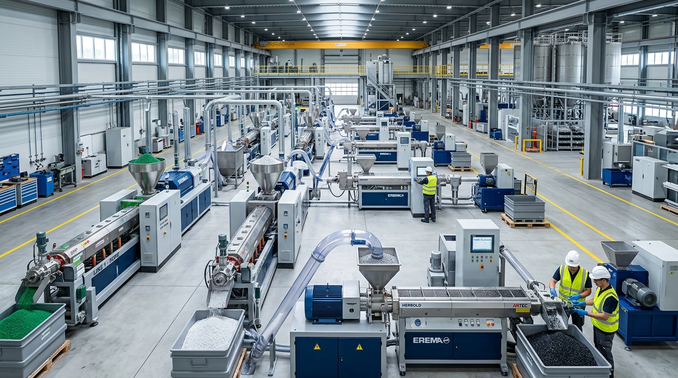 Multiple plastic recycling extrusion lines operating in large-scale industrial recycling plant 2026