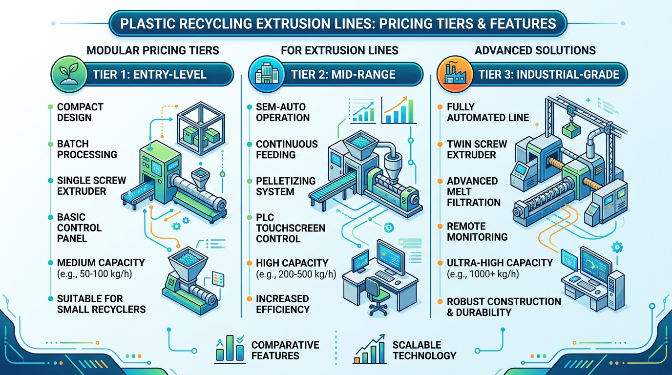 Plastic recycling extrusion line pricing tiers infographic showing entry-level mid-range and industrial-grade costs 2026