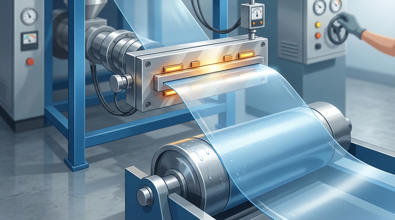 Flat die producing transparent PET plastic sheet on extruder machine