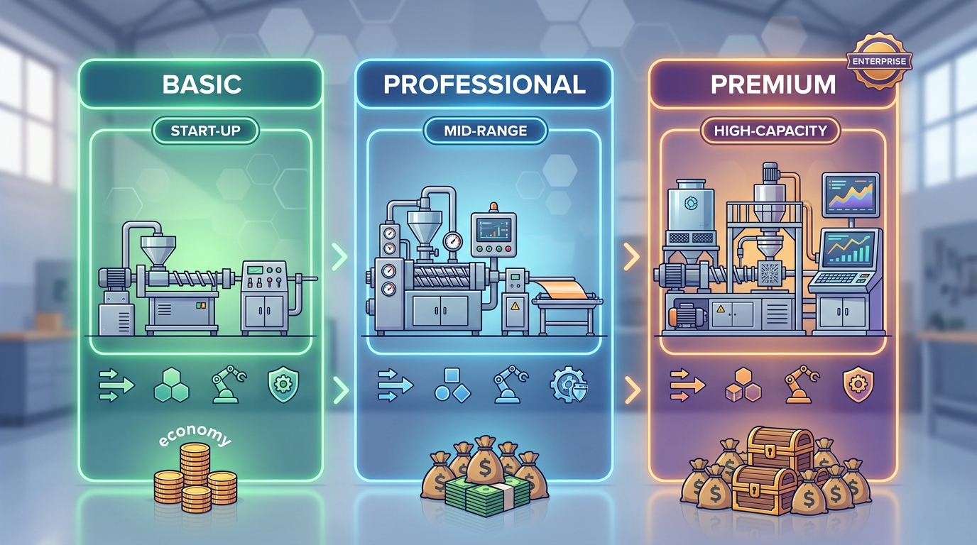 Plastic sheet extruder machine comparison chart showing specs and pricing tiers