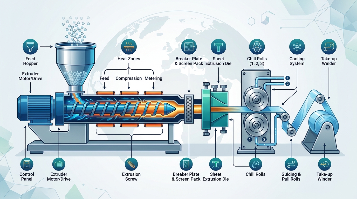 Technical diagram of plastic sheet extruder machine key components screw barrel die chill rolls