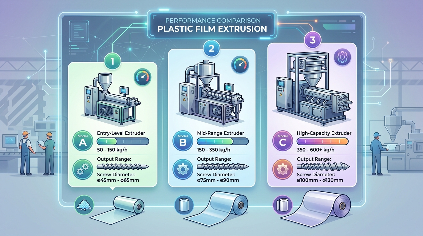 Capacity tier comparison chart for plastic film extruder machines showing small mid and high capacity ranges