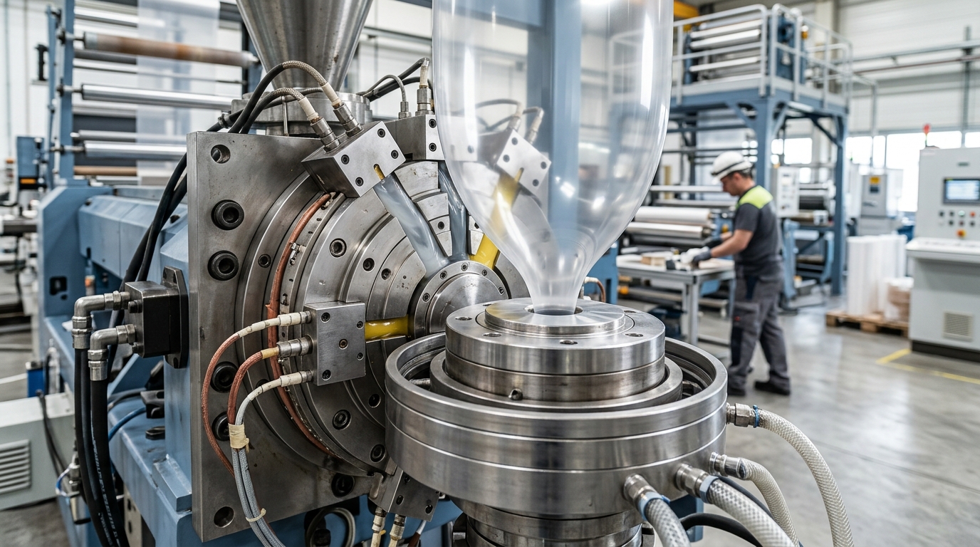 Multi-layer co-extrusion die head on plastic film extruder machine showing complex layer configuration