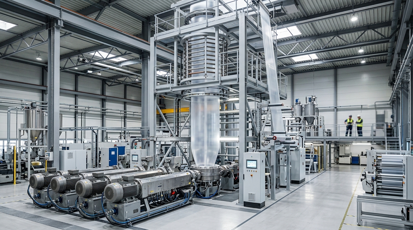 High-capacity industrial plastic film extruder machine with blown film tower and multiple extruder barrels