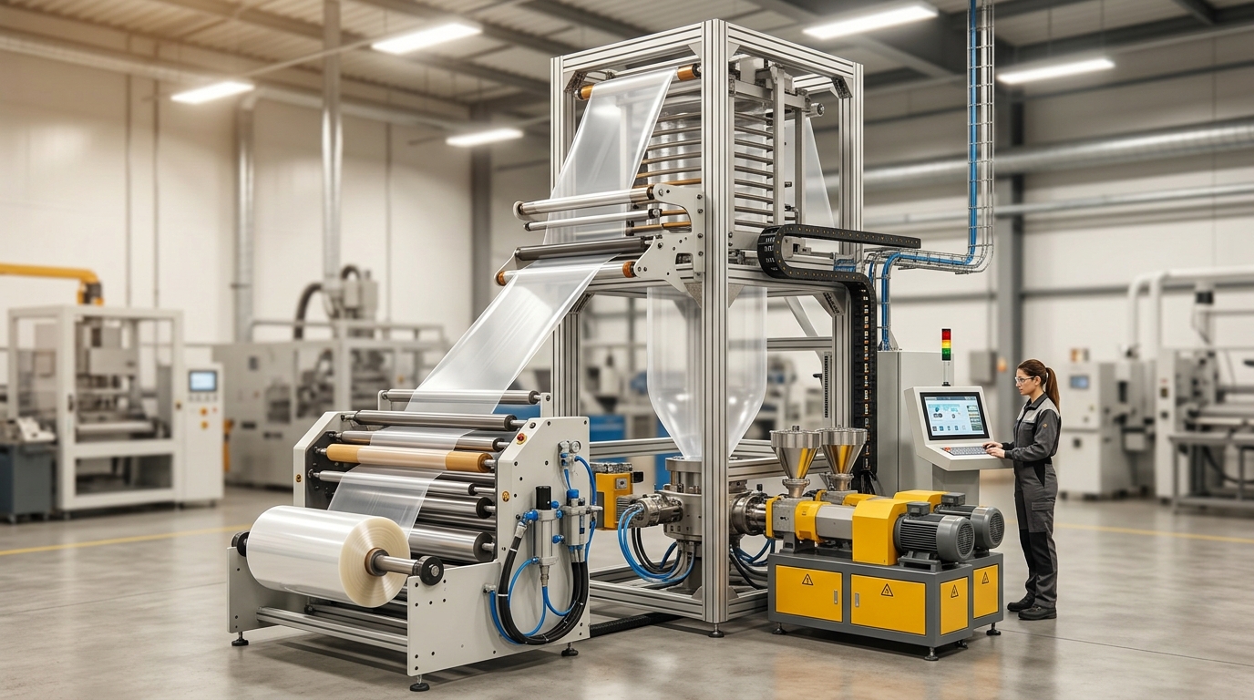 Mid-range plastic film extruder machine with co-extrusion setup and automatic winding system