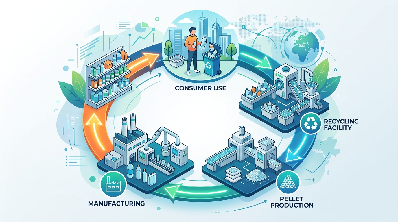 Circular diagram illustrating the plastic recycling loop from waste collection to pellet production to new product manufacturing
