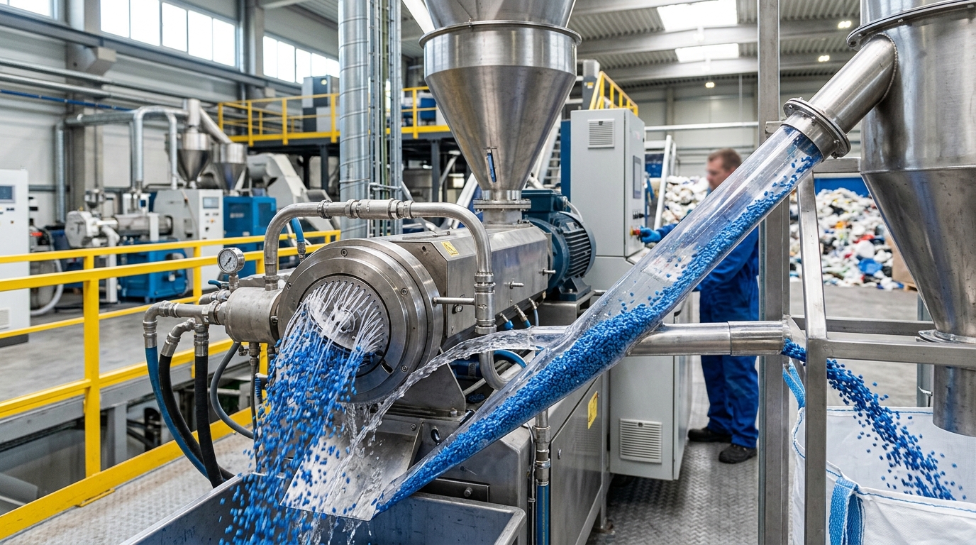 Plastic pelletizing machine producing recycled plastic pellets from melted waste plastic