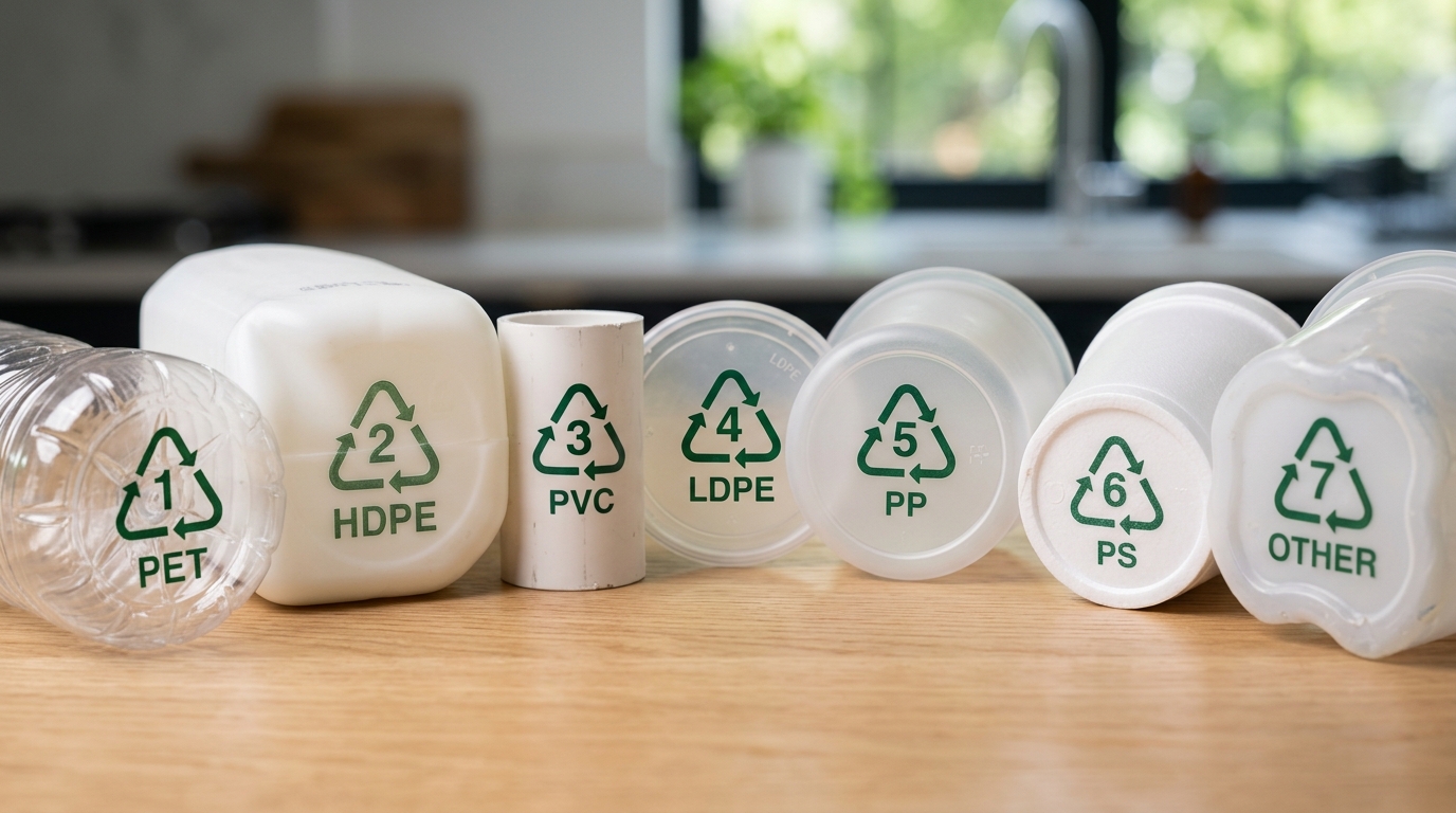 Plastic resin identification codes 1 through 7 shown on various plastic containers including bottles and cups