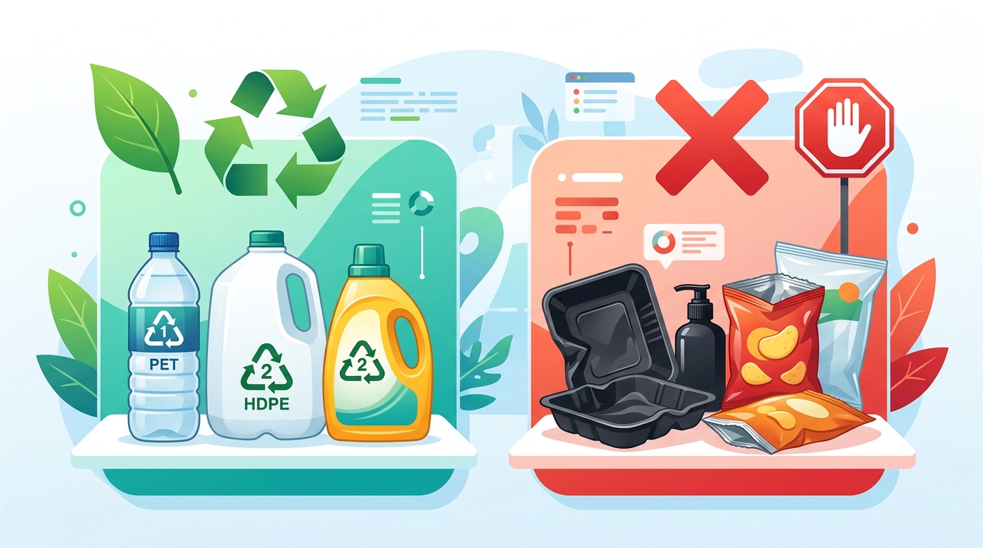 Side-by-side comparison of commonly accepted recyclable plastics versus non-recyclable plastic items
