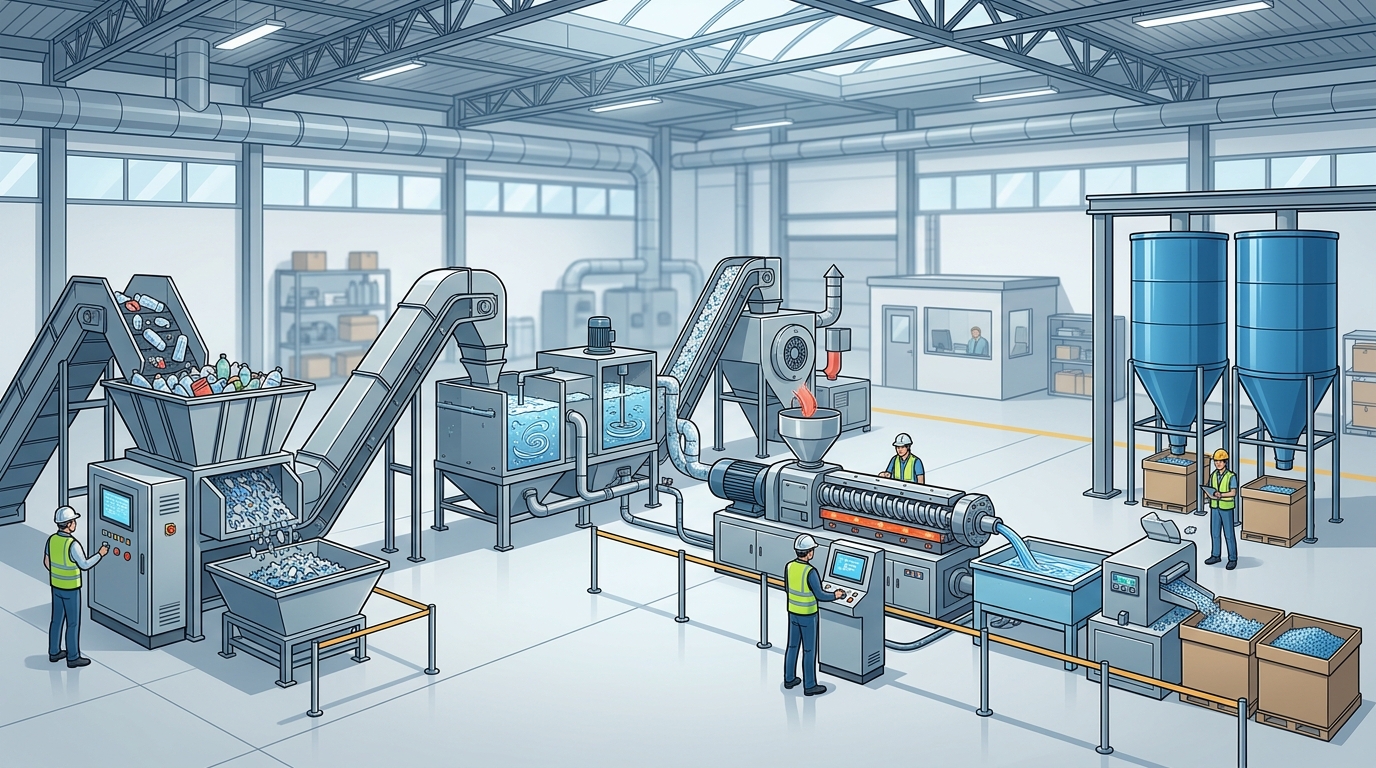 Full plastic recycling machinery line including shredder washing system extruder and pelletizer in factory setting