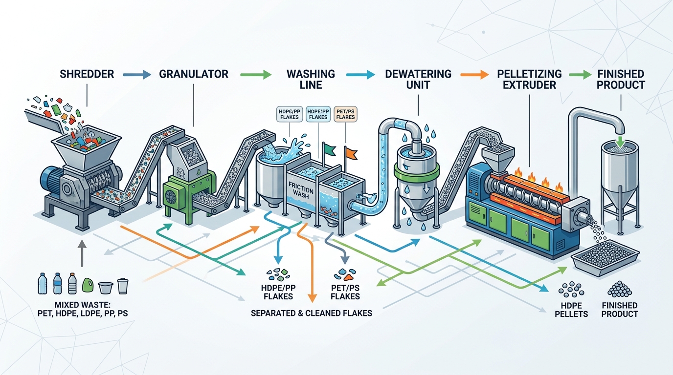 Plastic recycling machinery workflow showing shredder, washer, dewatering machine, and pelletizing extruder stages for PET HDPE LDPE and PP plastics