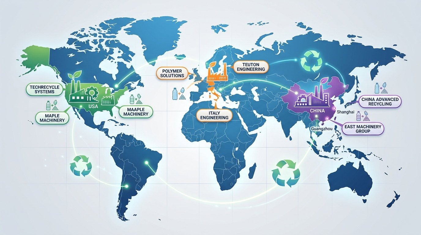 Map showing leading plastic recycling machinery manufacturers by region including China, Europe, and North America