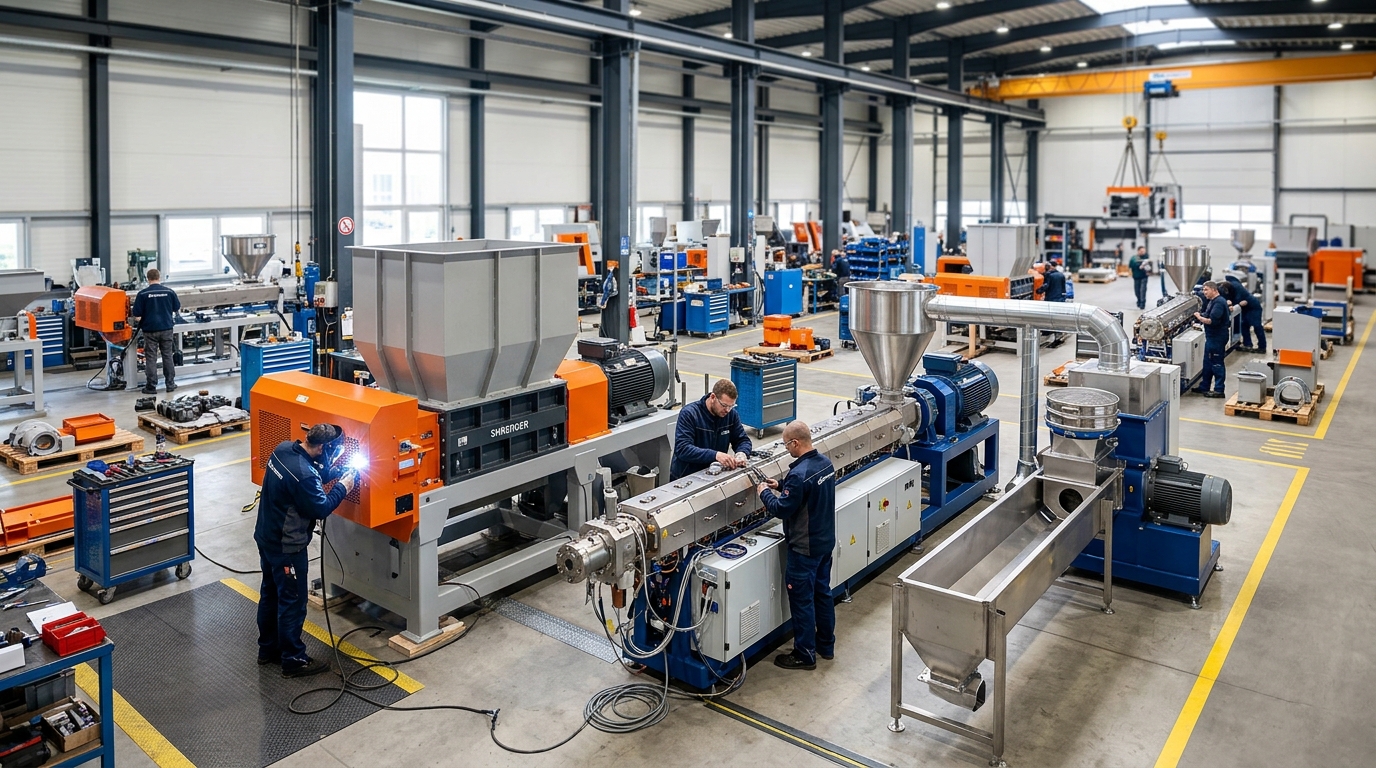 Industrial plastic recycling machine manufacturer production facility with recycling equipment assembly line