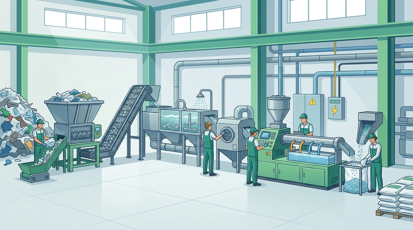 Complete industrial plastic recycling line with shredder, washing system, and pelletizing extruder