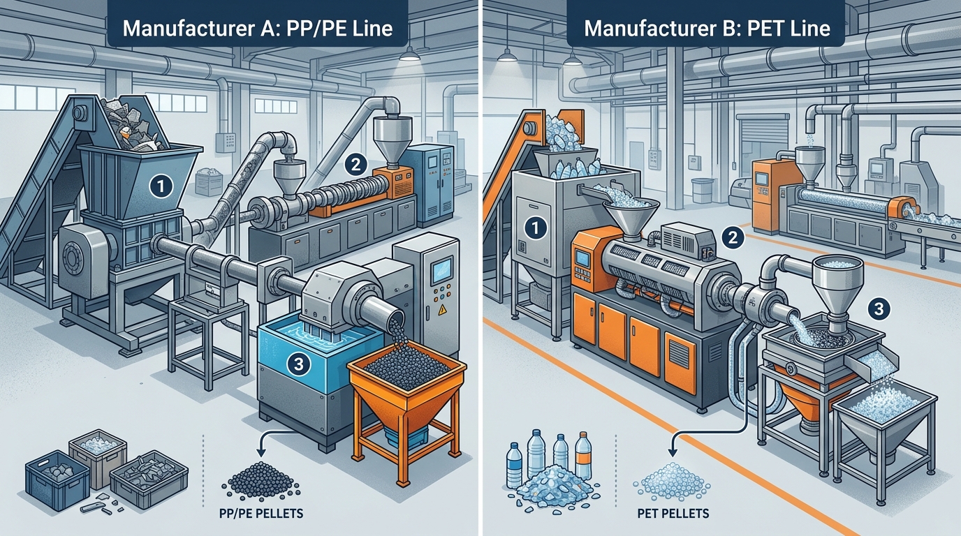 Industrial plastic recycling machine lines from leading global manufacturers including turnkey pelletizing systems
