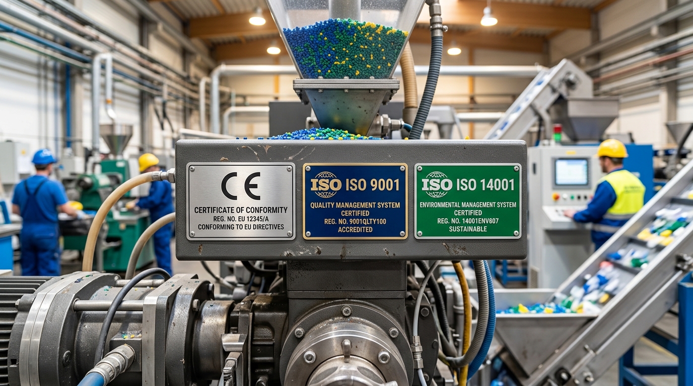 CE ISO 9001 and ISO 14001 certification labels on plastic recycling equipment from a certified manufacturer