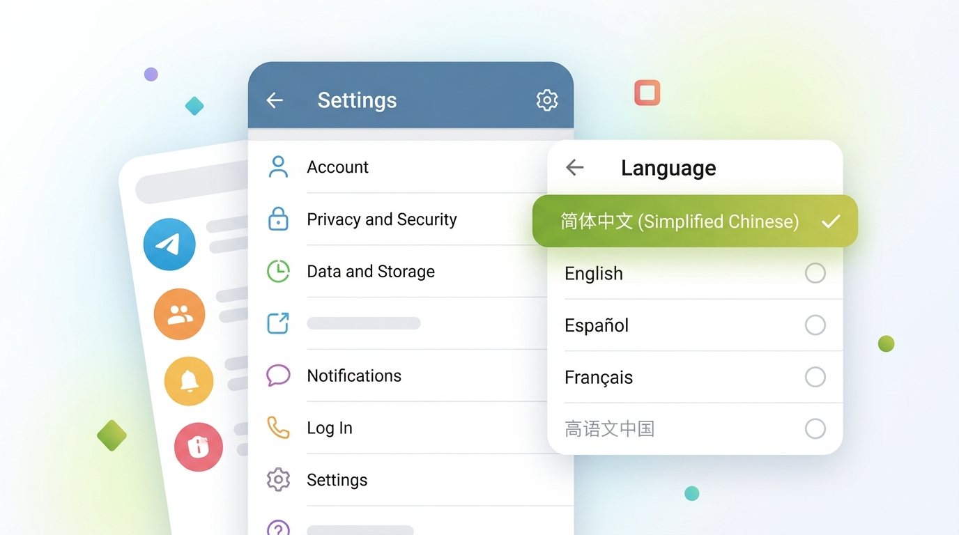 Telegram应用语言设置页面显示简体中文选项