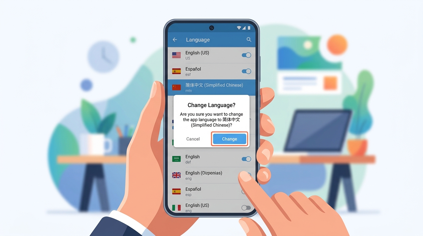安卓手机Telegram语言设置页面选择简体中文语言包的操作截图