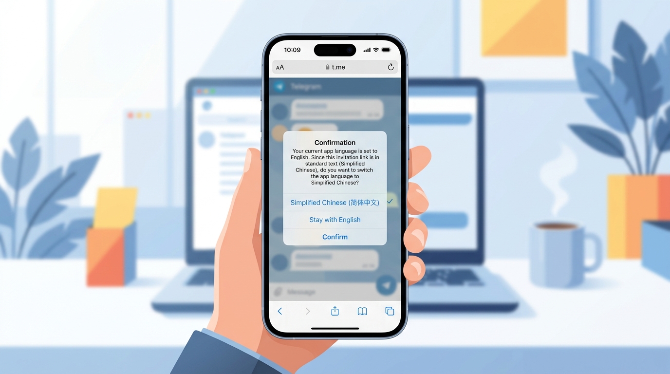 iOS端Telegram切换简体中文语言包确认弹窗截图