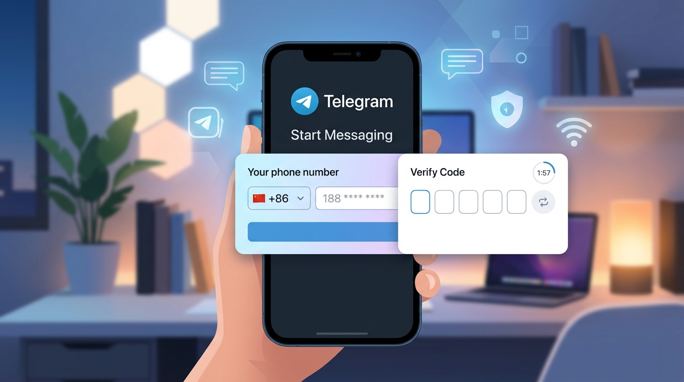 Telegram注册界面输入+86中国大陆手机号及验证码接收页面