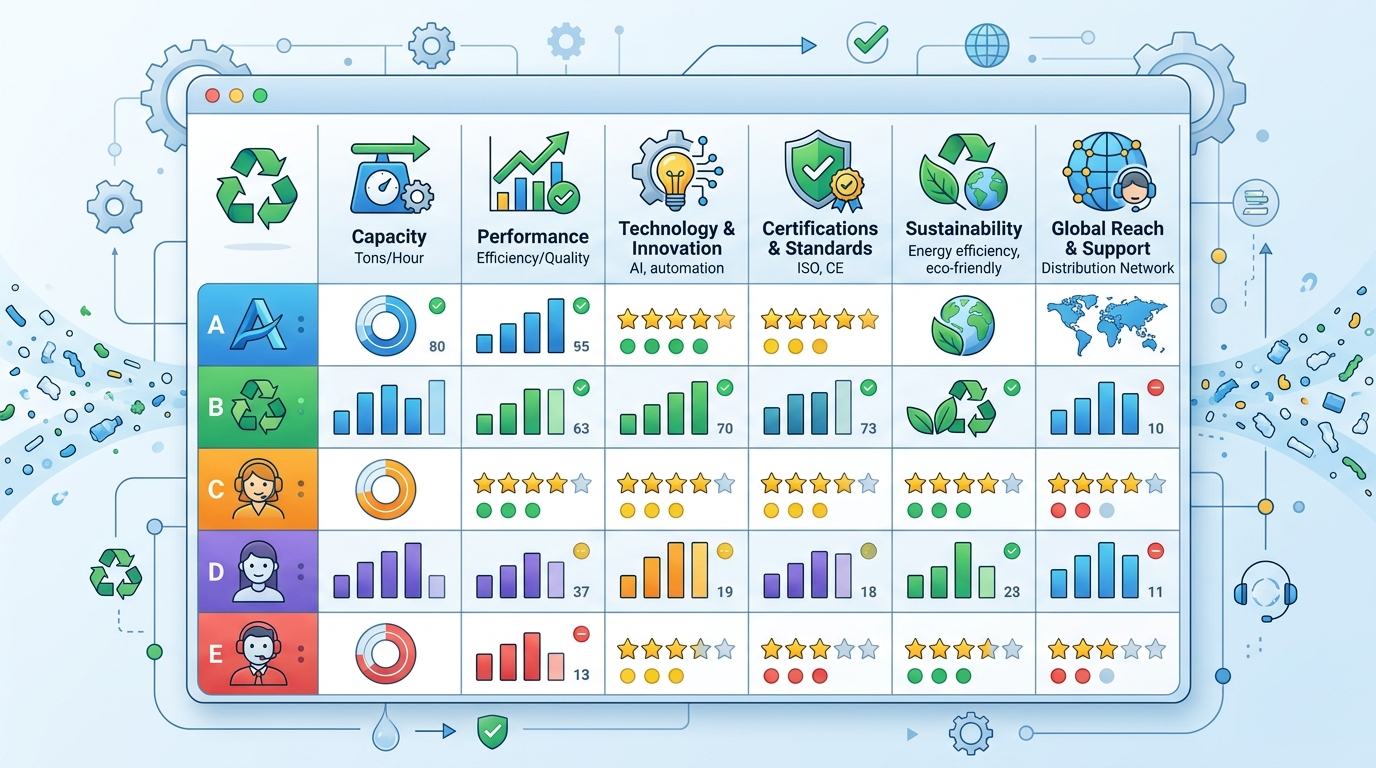 Scorecard comparing top plastic recycling machine manufacturers by production capacity, certifications, equipment range, global reach, after-sales support, and price-to-value ratio