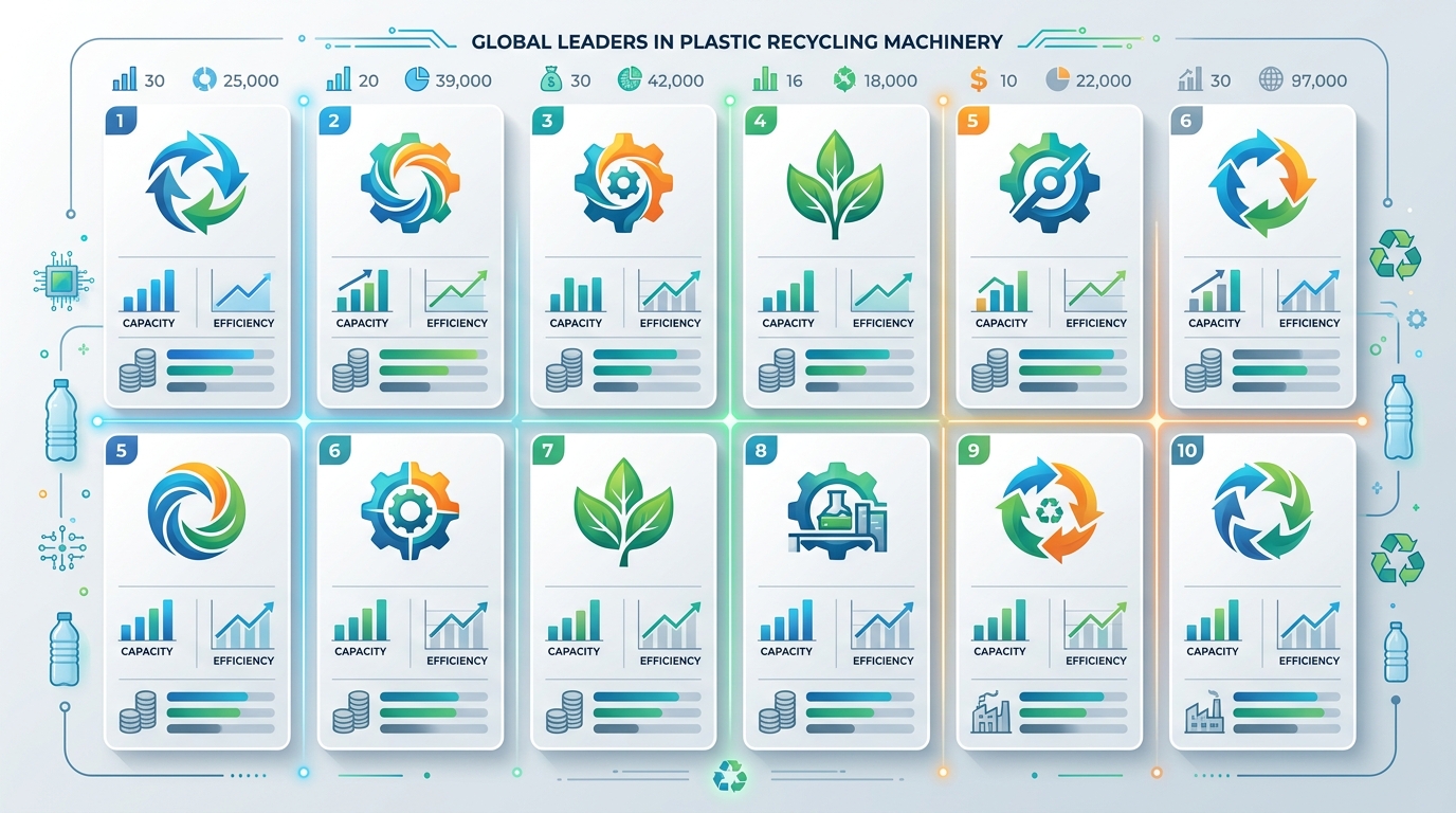 Comparison infographic of 10 top plastic recycling machine manufacturers with headquarters and specialties