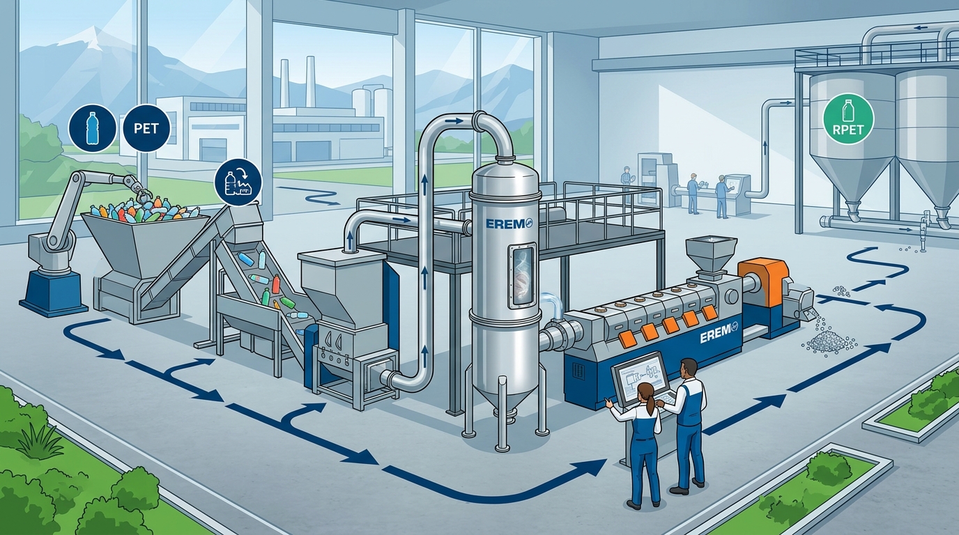 EREMA VACUREMA PET recycling system in industrial production facility
