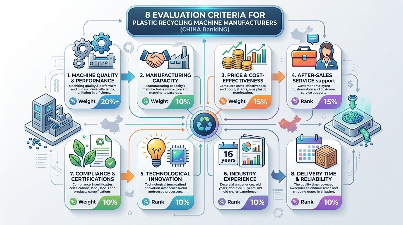 Evaluation criteria infographic for ranking China plastic recycling machine manufacturers