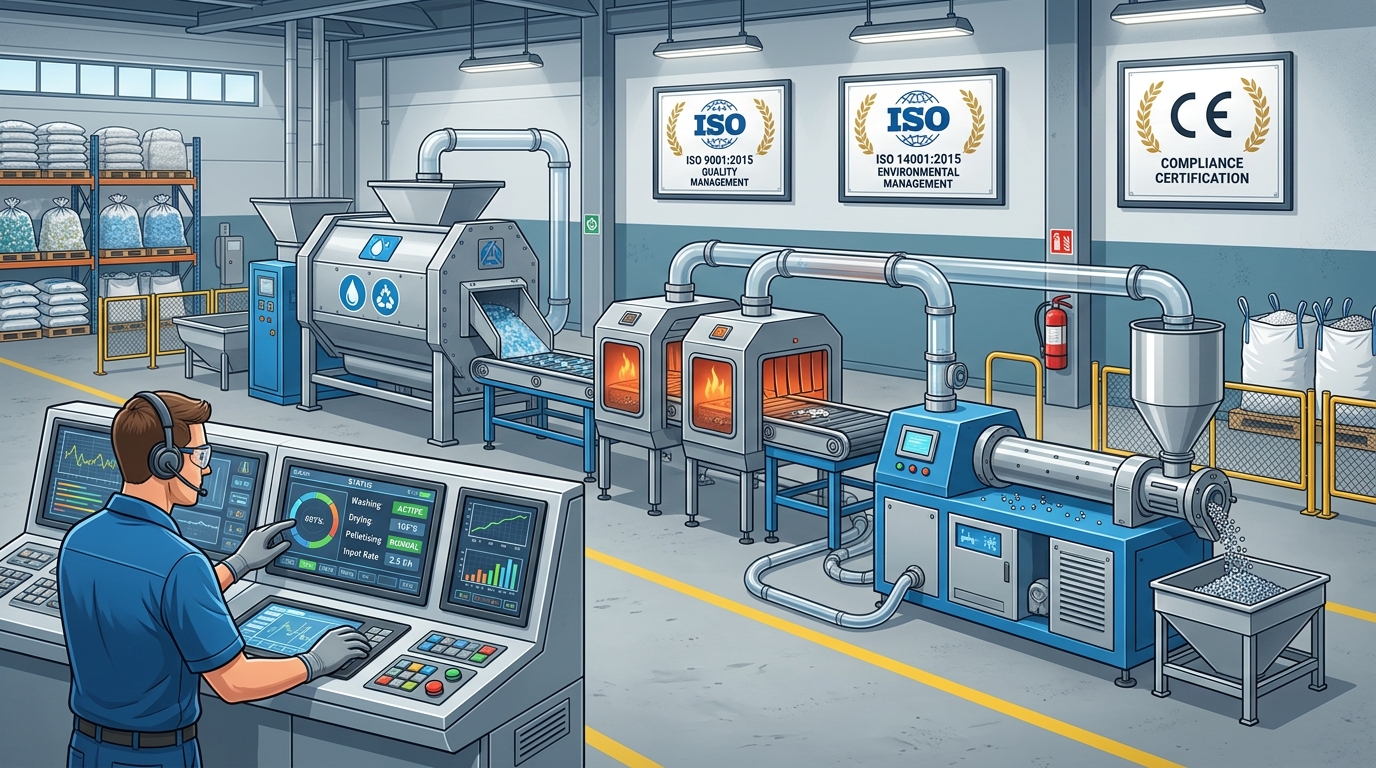 Plastic recycling machine manufacturer production line with CE and ISO certification on factory floor